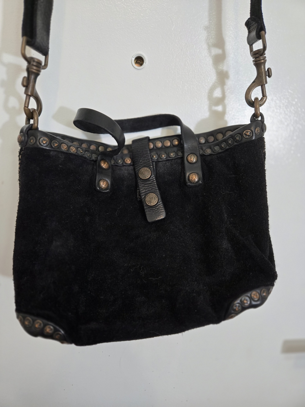Campomaggi Black Suede Shoulder Bag with Stud Detailing